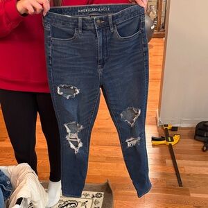 American Eagle Outfitters Women's Dark Blue Ripped Skinny Jeans